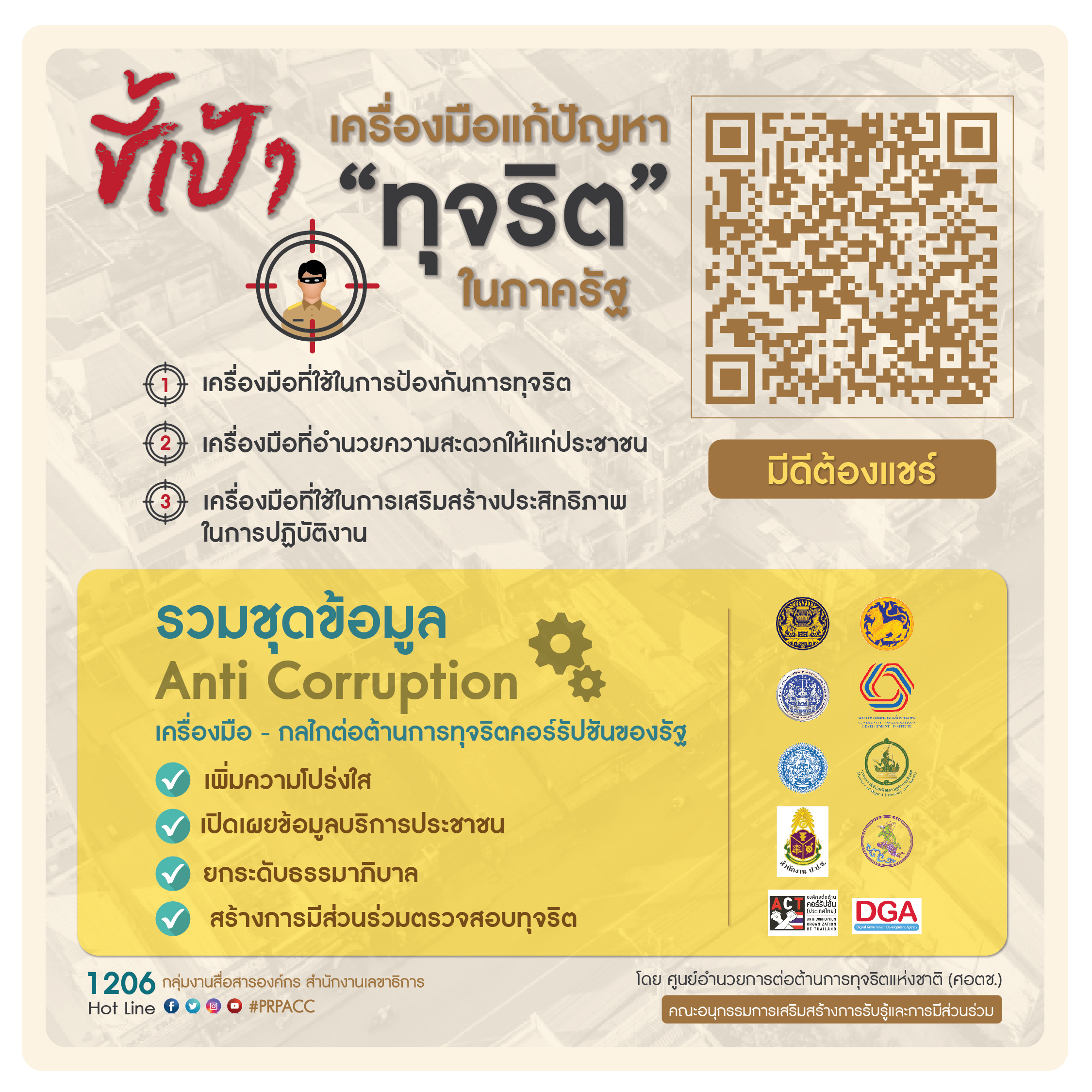 มีดีต้องแชร์ **ศูนย์อำนวยการต่อต้านการทุจริตแห่งชาติ (ศอตช.) ได้ดำเนินการจัดทำโครงการ "มีดีต้องแชร์" โดยรอบรวมเครื่องมือ/กลไกที่ใช้ในการป้องกันการทุจริตคอร์รัปชันในภาครัฐที่เสริมสร้างประสิทธิภาพการทำงานและอำนวยความสะดวกให้แก่ประชาชน อีกทั้งยังเป็นการส่งเสริมและสนับสนุนให้เจ้าหน้าที่รัฐ หน่วยงานรัฐ ภาคประชาสังคม และสื่อมวลชน เกิดการรับรู้และเข้ามามีส่วนร่วมในการป้องกันและต่อต้านการทุจริตประพฤติมิชอบ อันจะเป็นการเพิ่มความโปร่งใสและยกระดับธรรมาภิบาล ด้วยการเปิดเผยข้อมูลบริการประชาชน ตลอดจนสร้างการมีส่วนร่วมในการตรวจสอบการทุจริตประพฤติมิชอบทุกรูปแบบ ผ่านช่องทาง https://nacaoc.pacc.go.th/covid19/index_shared.php หรือสแกน QR Code ด้านล่างนี้